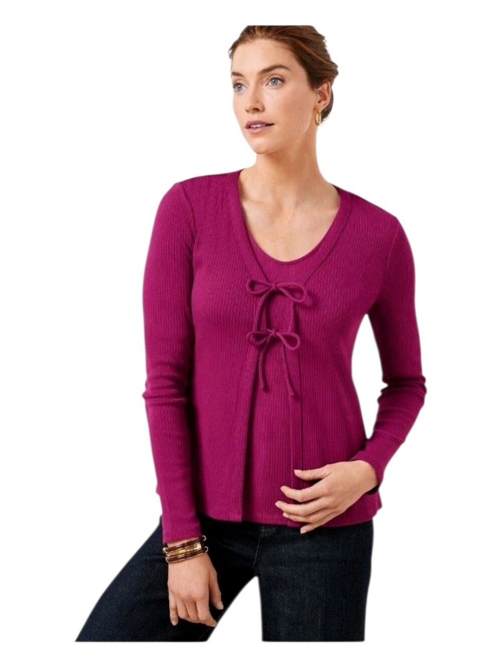Talbots Womens Plumrose Ribbed Tie Front Modal Cotton Cardigan Medium